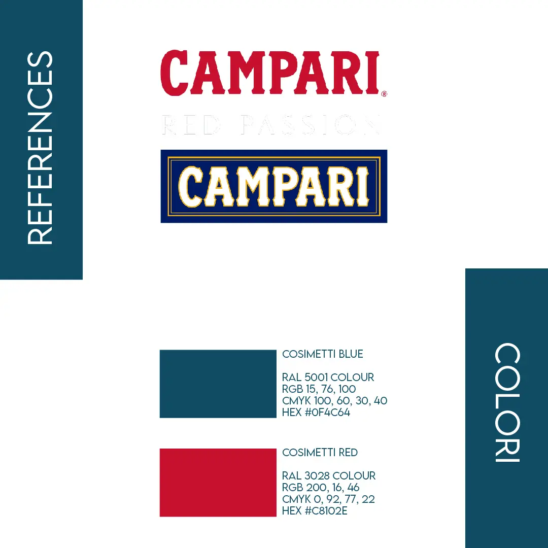 Tavola con i riferimenti e la palette del progetto: blu RAL 5001 e rosso RAL 3028