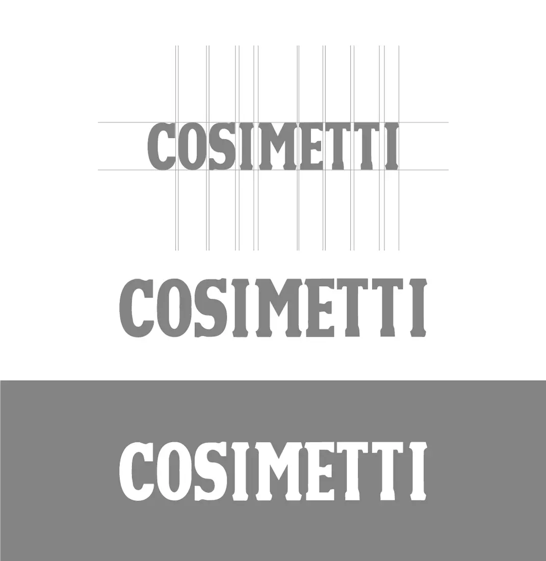 Studio del lettering del marchio Cosimetti su griglia