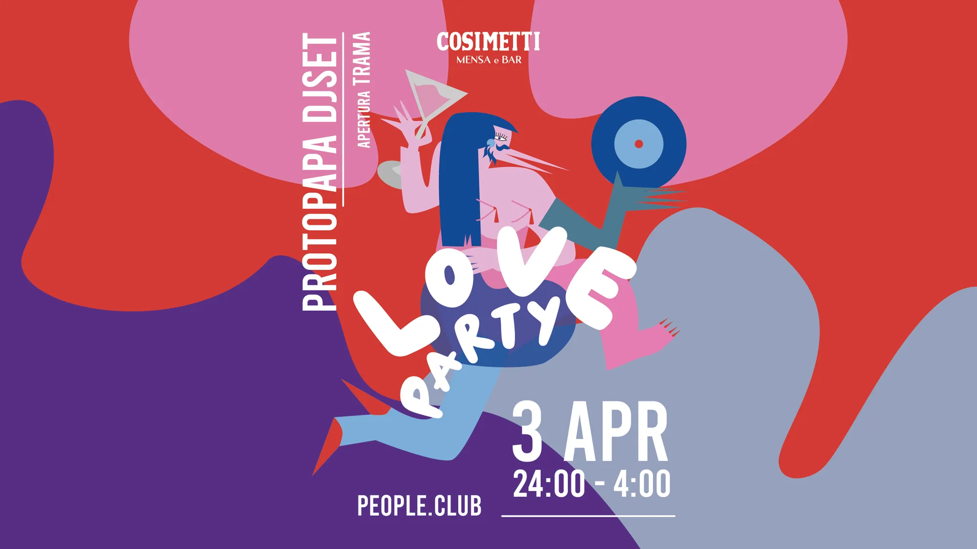 Grafica per la Love Party: una figura con un cocktail e un disco