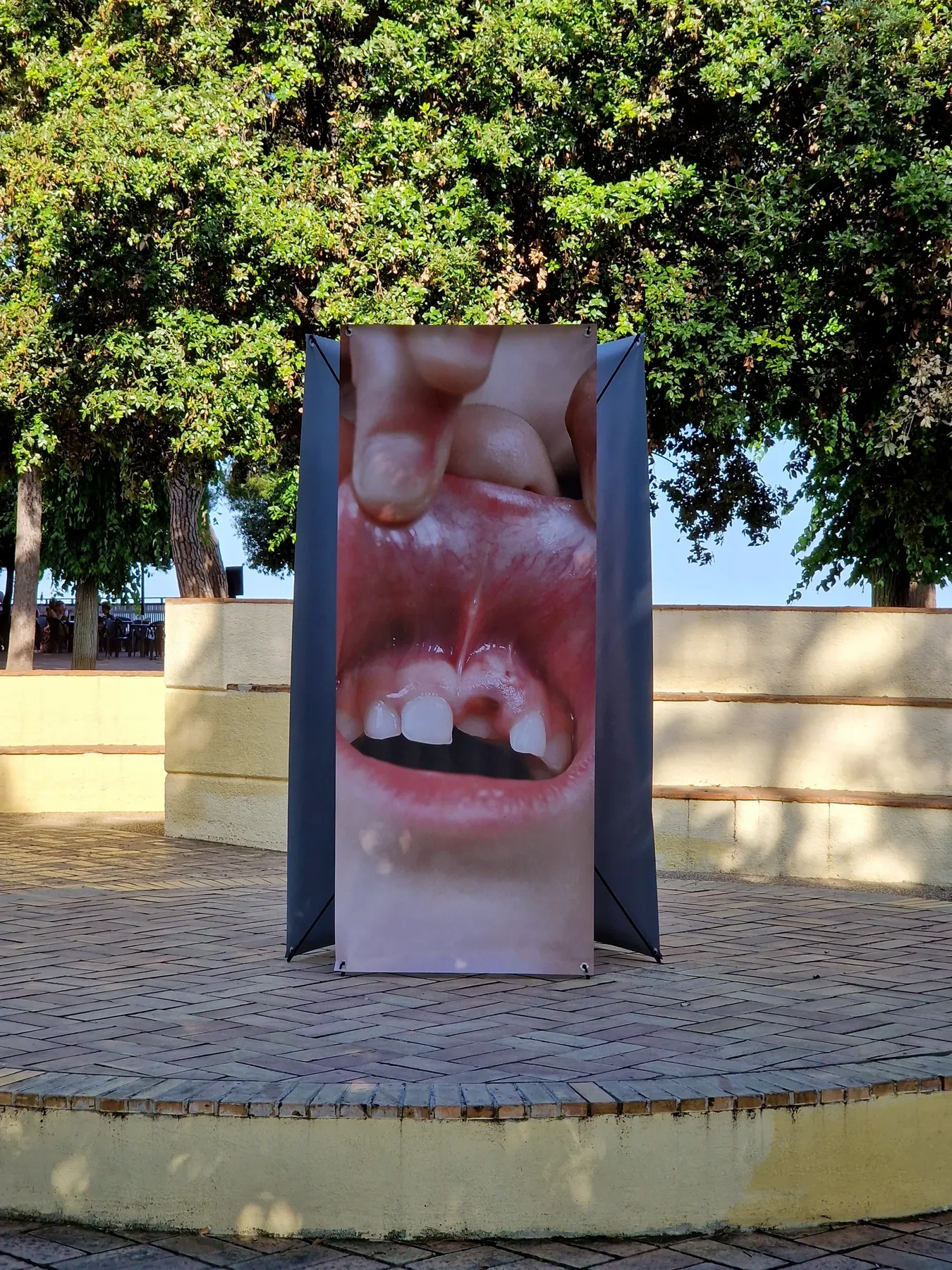Una grande fotografia verticale di una bocca di bambino con un dente caduto, in piazza sotto gli alberi