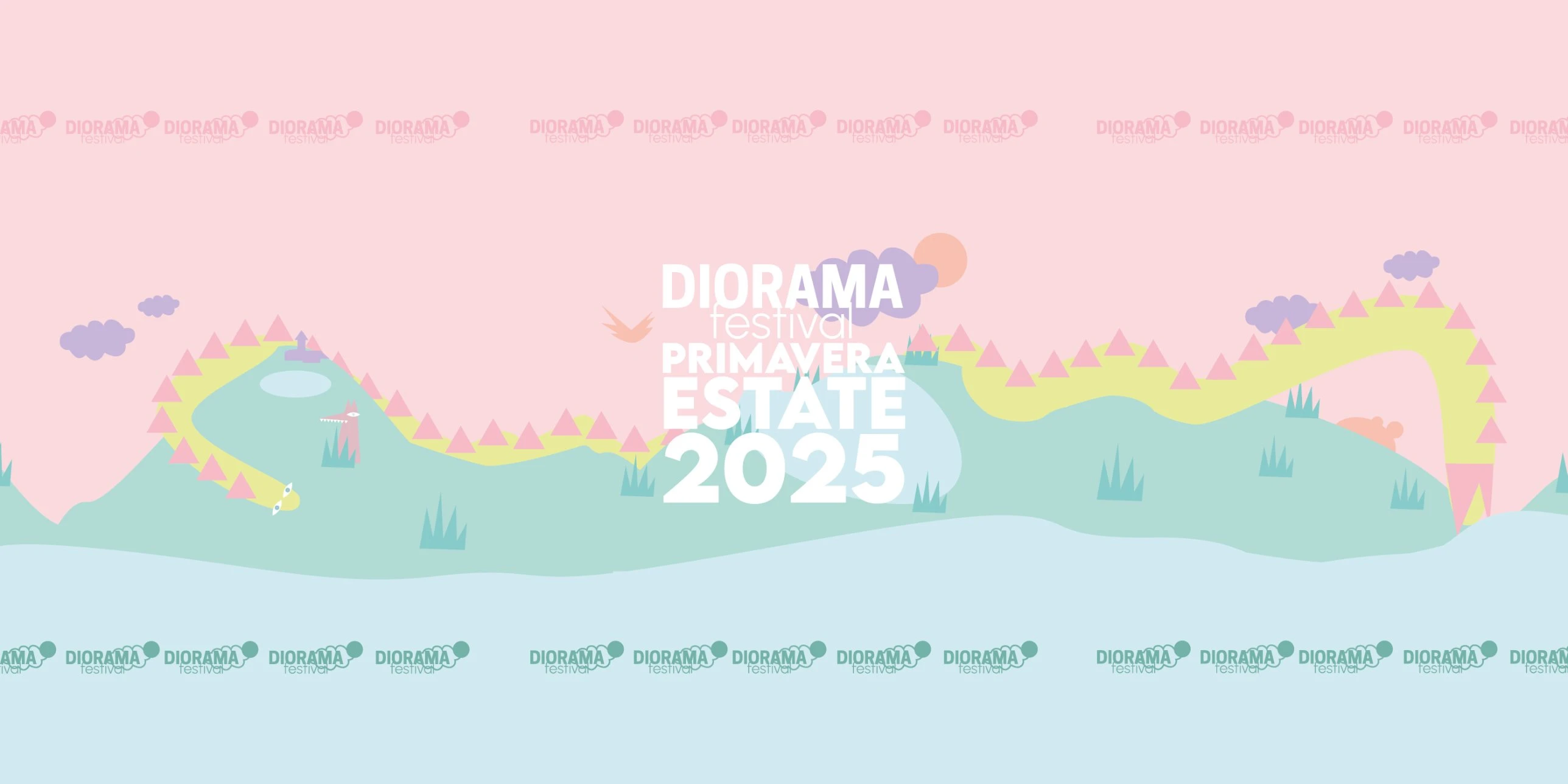 Il paesaggio illustrato del Diorama Festival primavera estate 2025: colline verdi, un serpente giallo e le nuvole viola