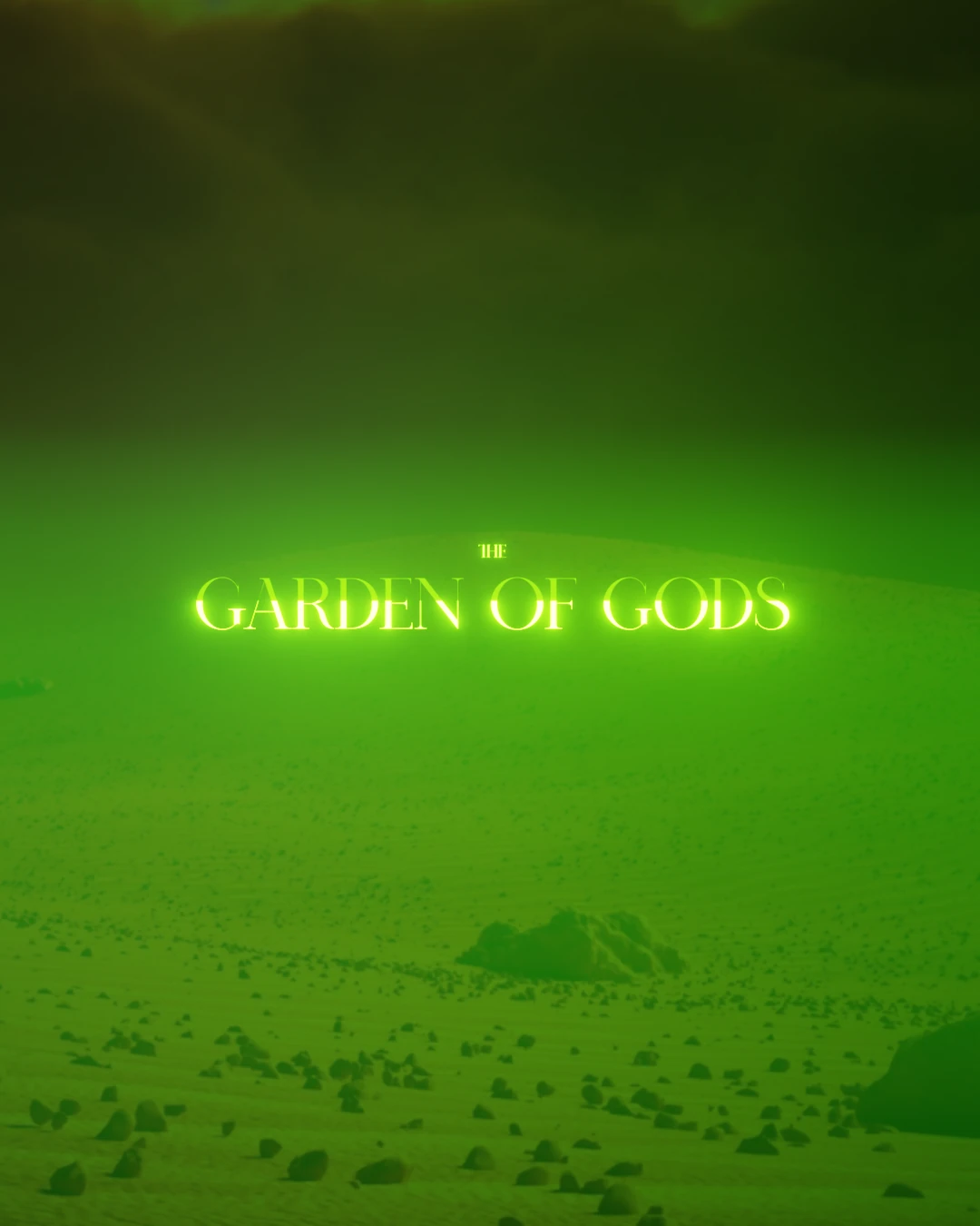 Copertina di The Garden of Gods: il titolo luminoso sopra il paesaggio verde