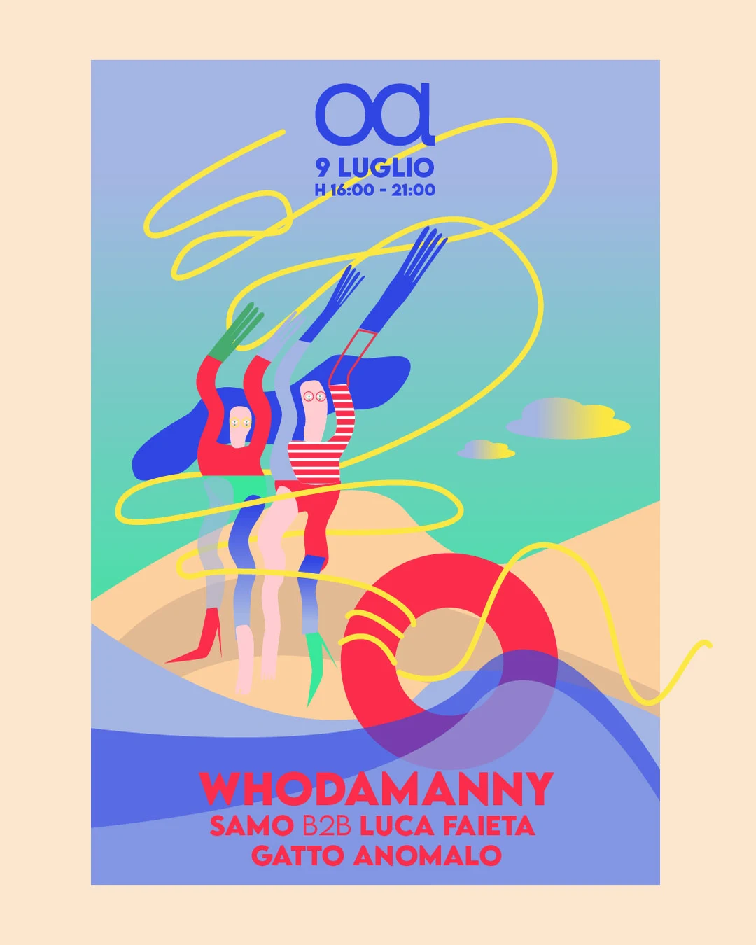 Manifesto di Loasi per il 9 luglio: Whodamanny, Samo b2b Luca Faieta, Gatto Anomalo