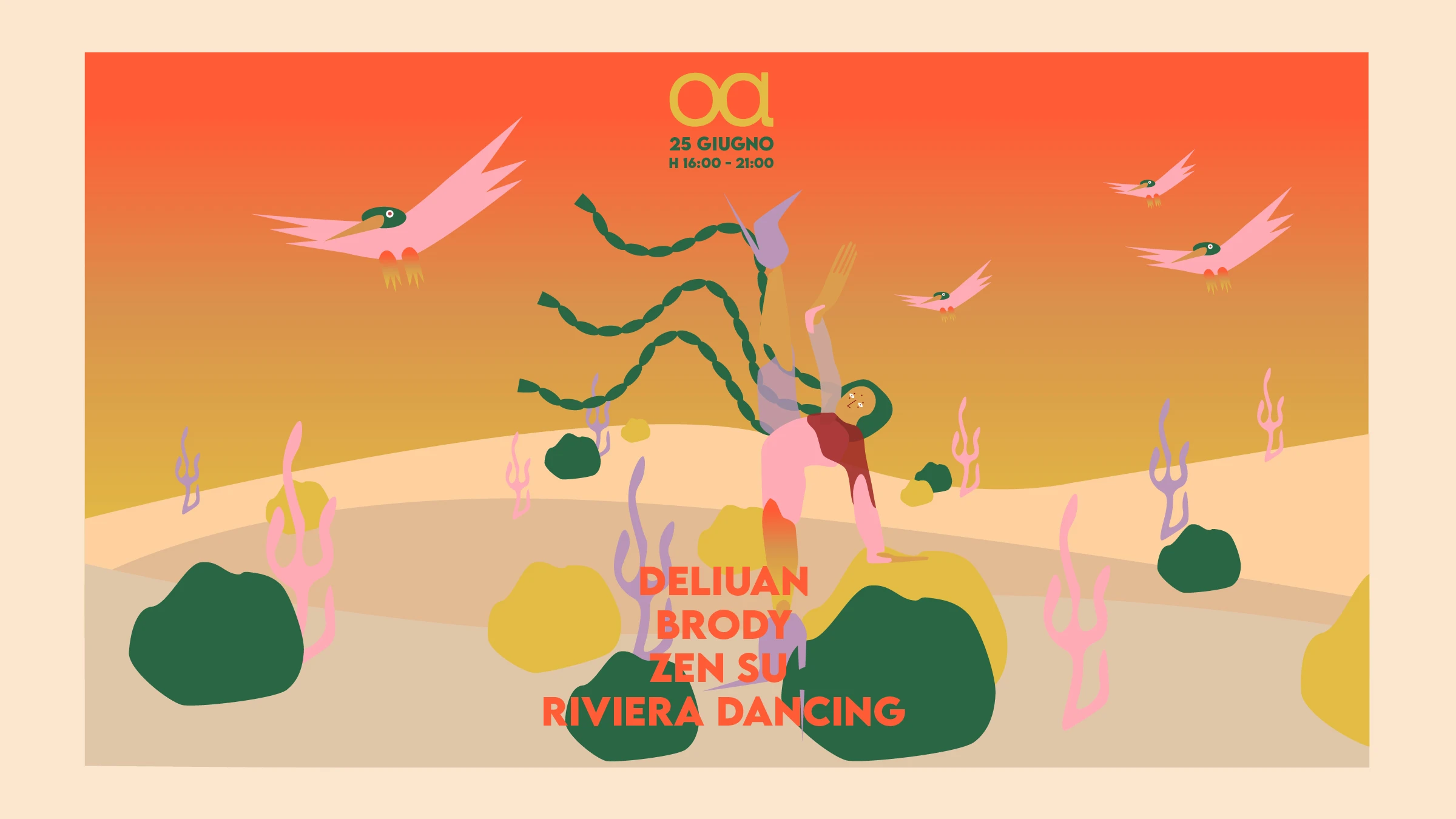 Grafica orizzontale di Loasi per il 25 giugno: Deliuan, Brody, Zen Su, Riviera Dancing