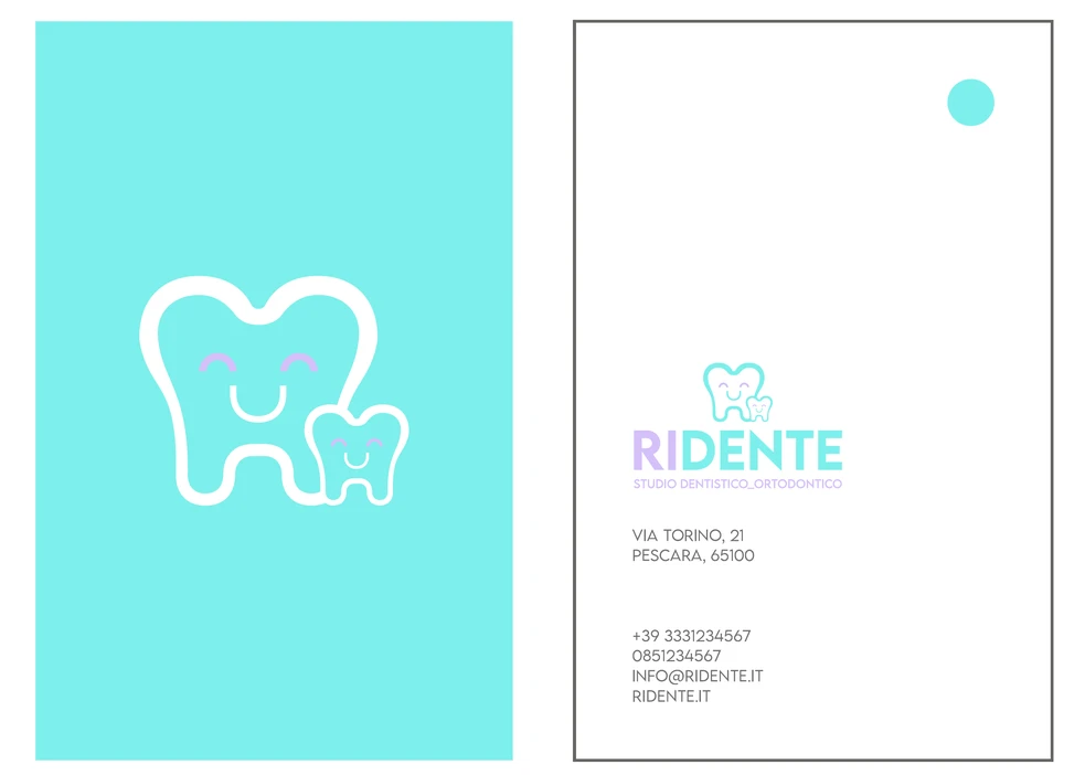 Biglietti da visita verticali: fronte turchese con i due denti, retro bianco con il marchio