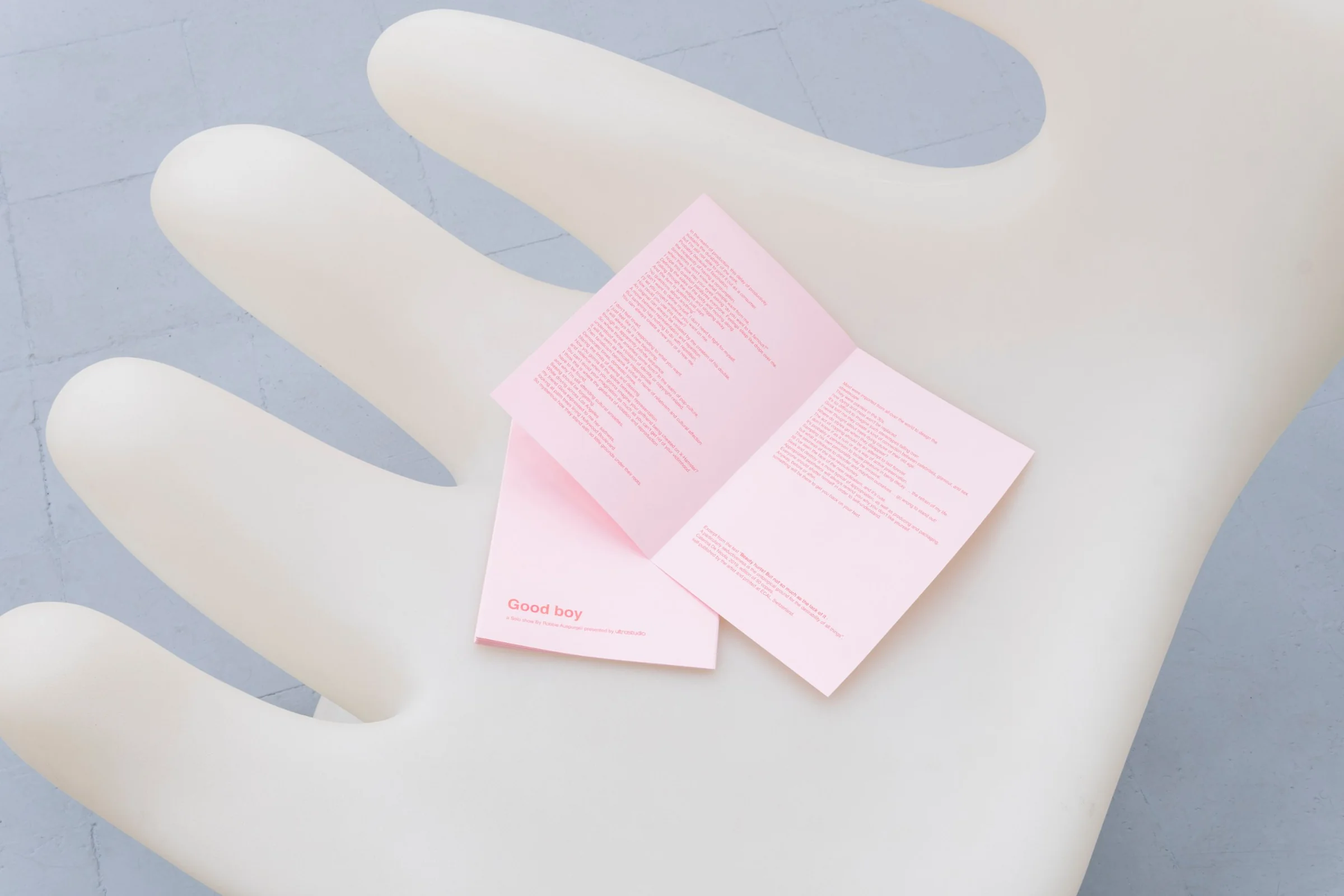 Il libretto rosa di Good boy appoggiato su una grande mano bianca, sul pavimento grigio dello studio