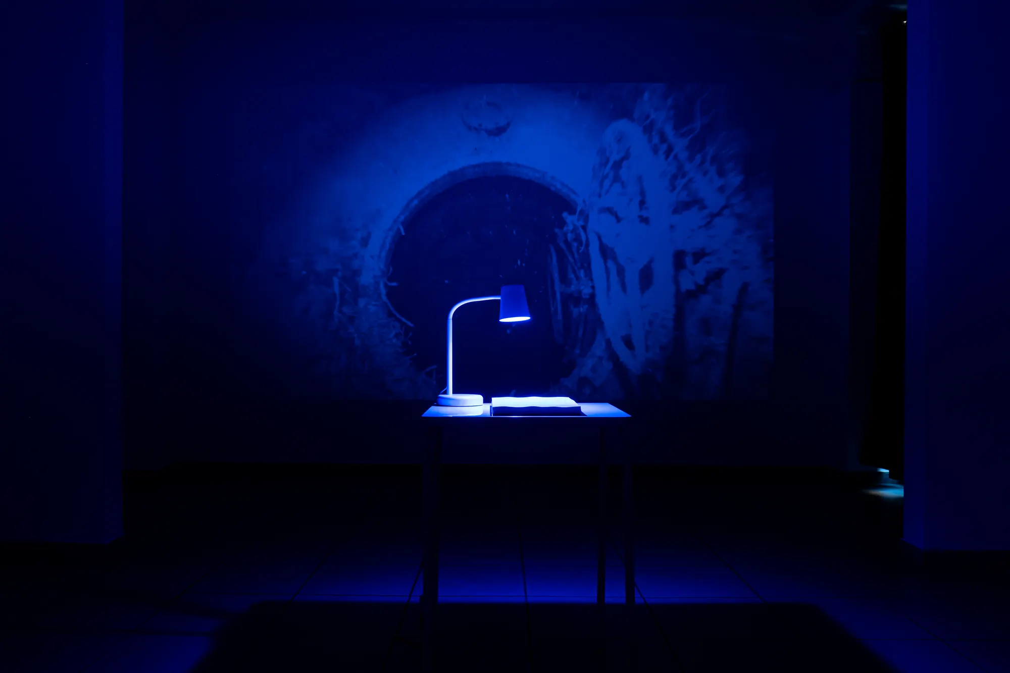La sala in luce blu, con una lampada accesa su un tavolo